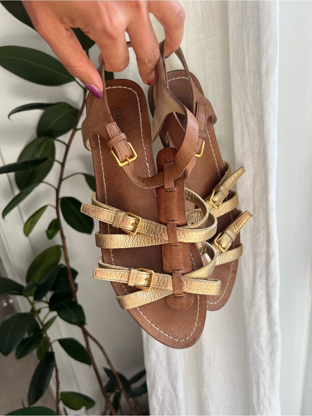 Miu miu Women’s Brown & Gold Leather Strappy Sandals gladiator